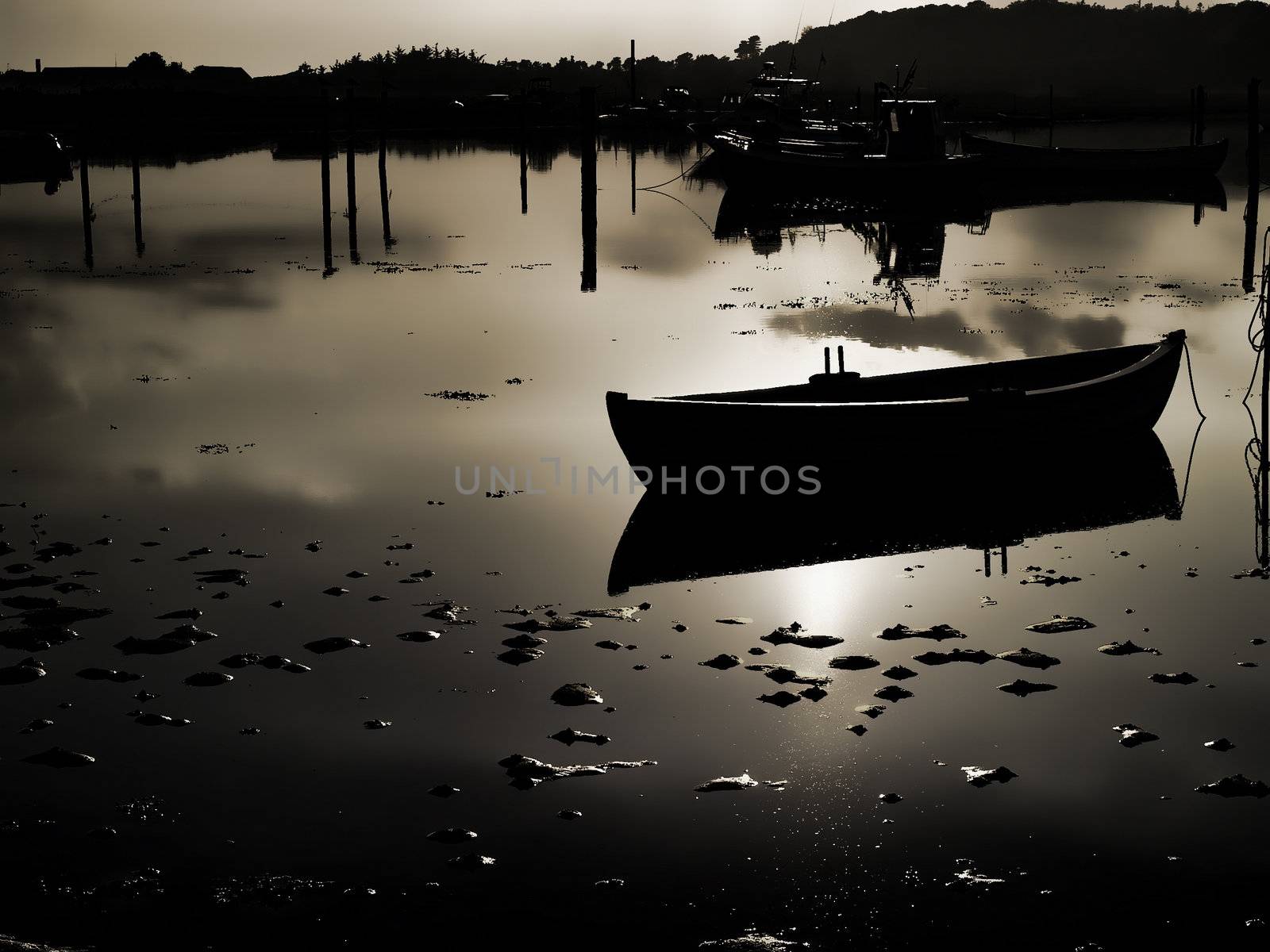 Small classical dinghy dory fishing raw boat perfect boating sailing fishing background image digital art manipulation