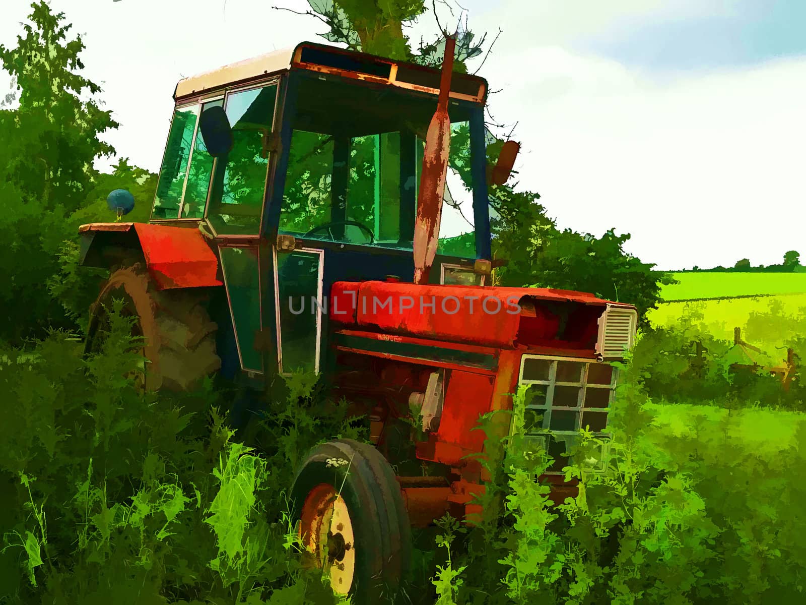 Old rusty red vintage tractor in a farm with green field background digital art manipulation