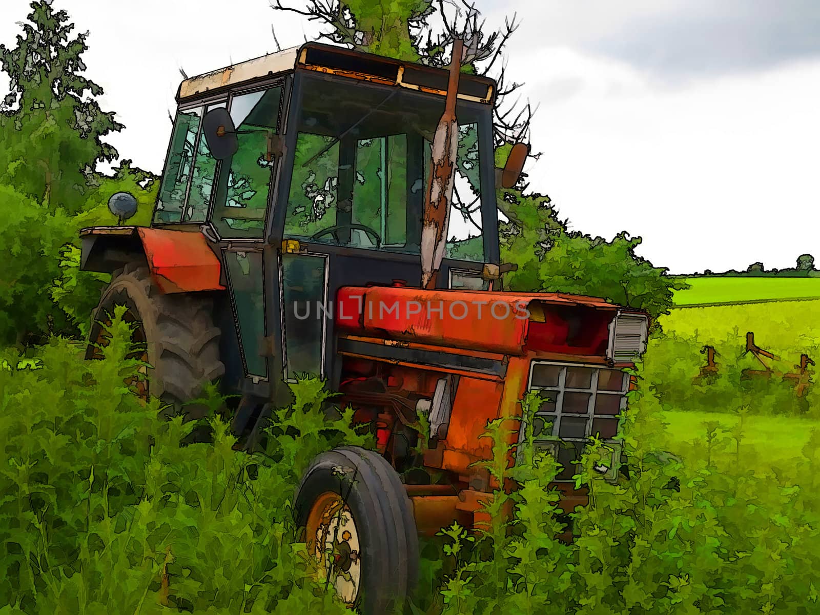 Old rusty red vintage tractor in a farm with green field background digital art manipulation