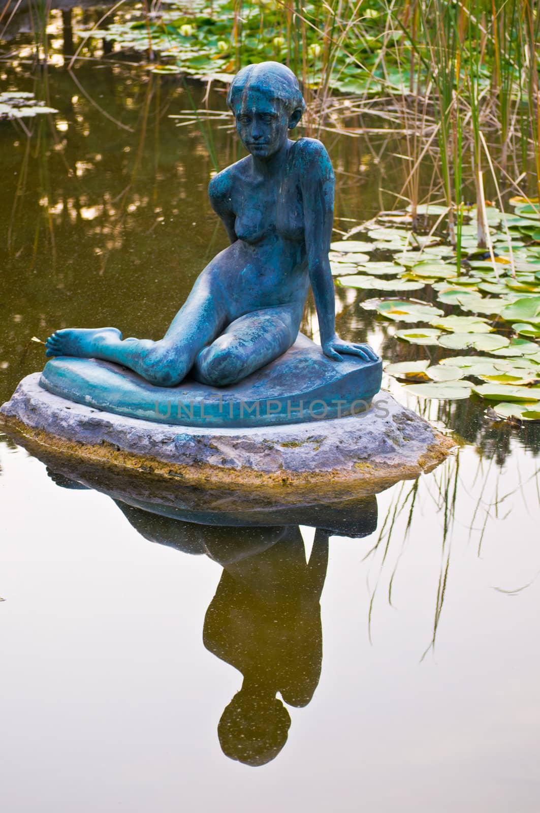 pond with a sculpture and water lilies on Margaret Island in Budapest