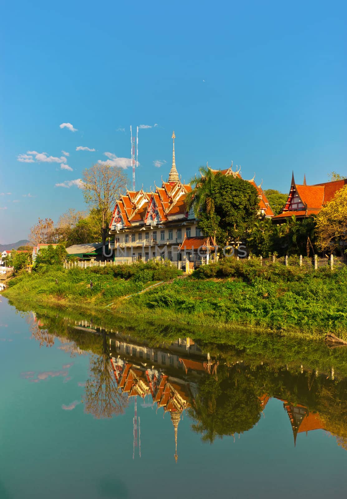 Thailand ancient temple built on the waterfront