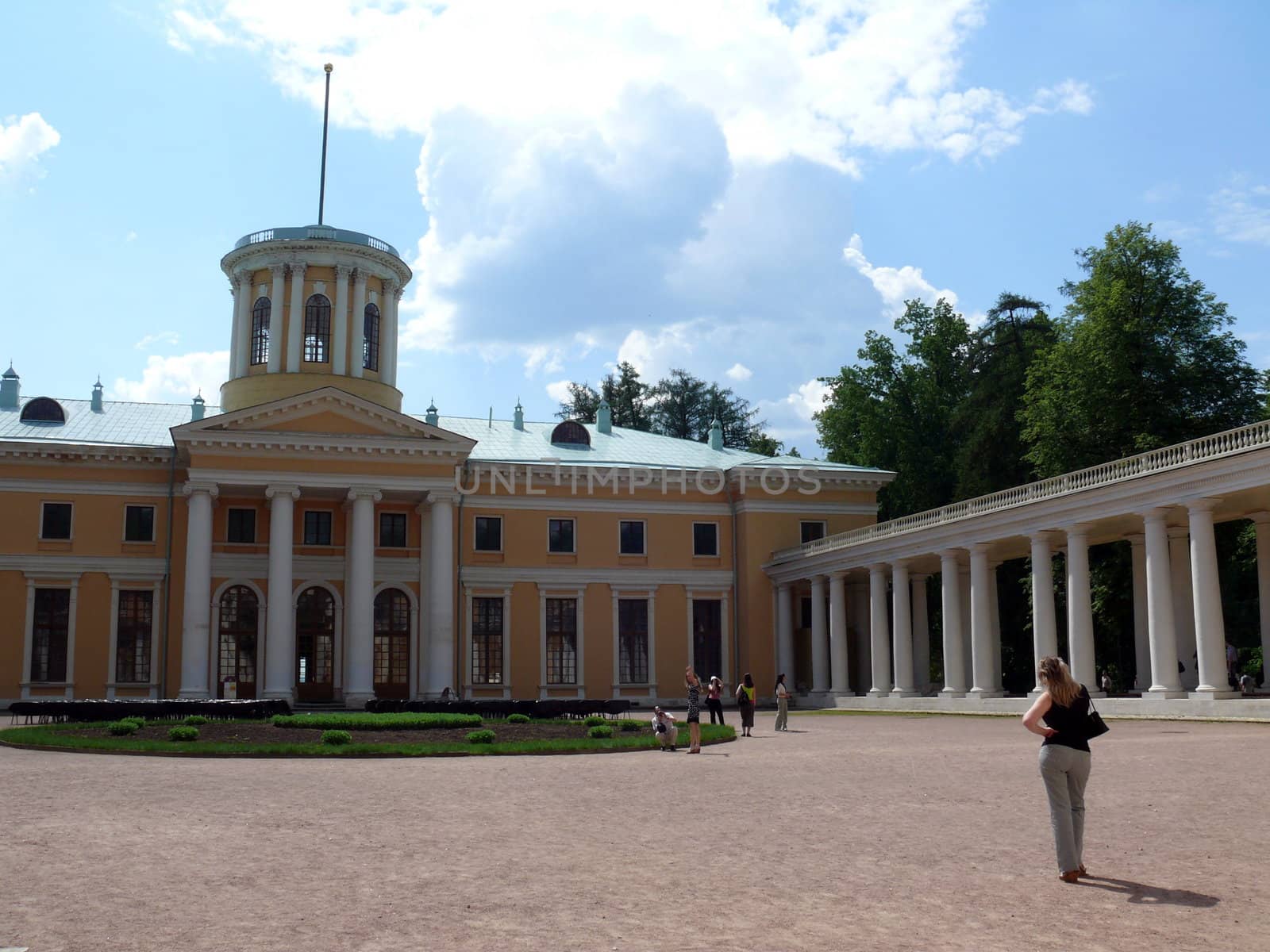 Moscow, Russia - May 22, 2010: Spring day. Peoples walks in the main palace on May 22, 2010 in Arkhangelskoye Estate, Moscow, Russia.