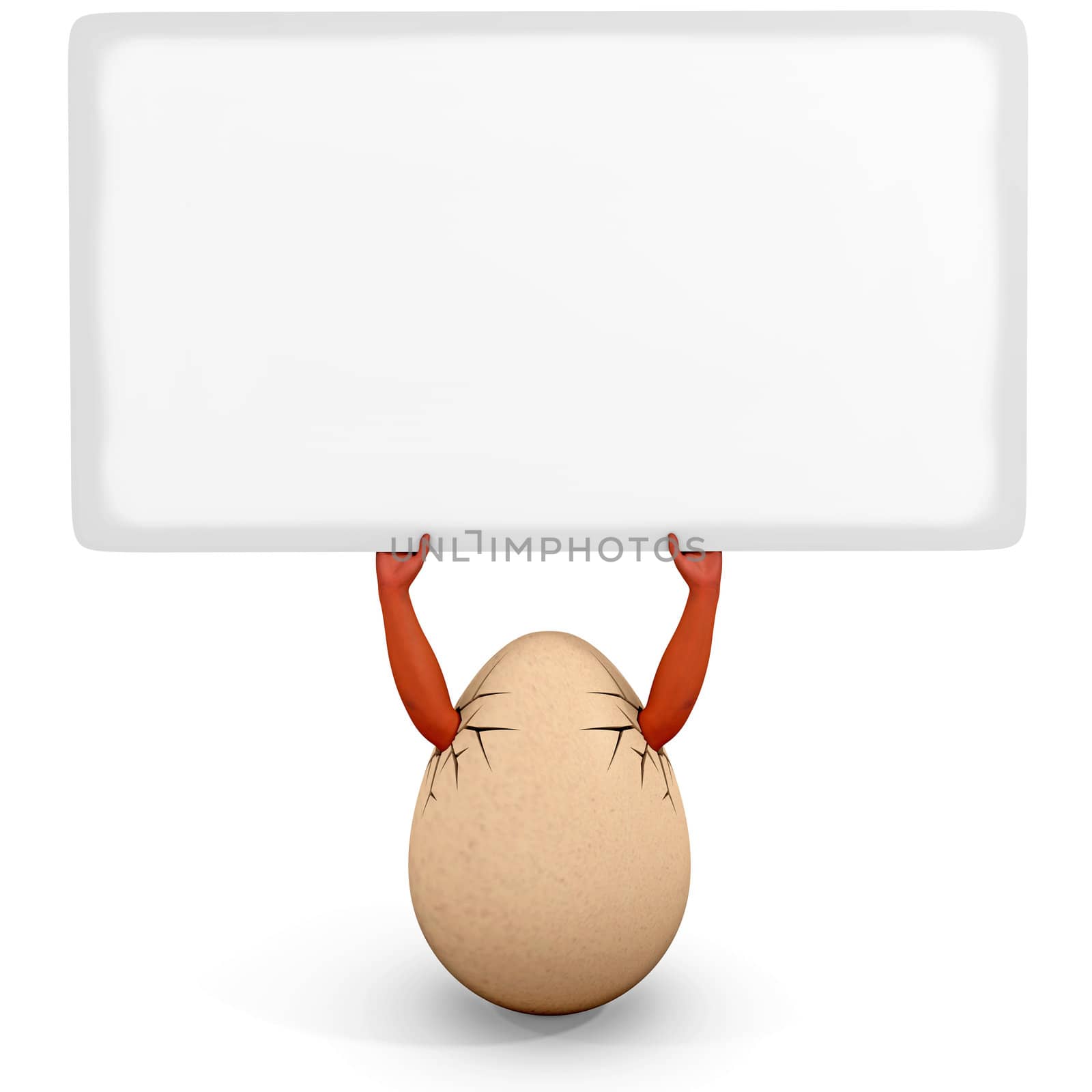 Hands sticking out of egg hold the white poster