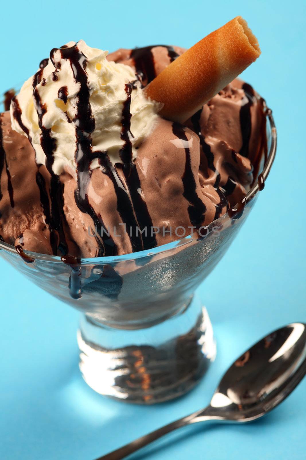 Photo of a bowl of melting chocolate ice cream with whipped cream and chocolate drizzle.