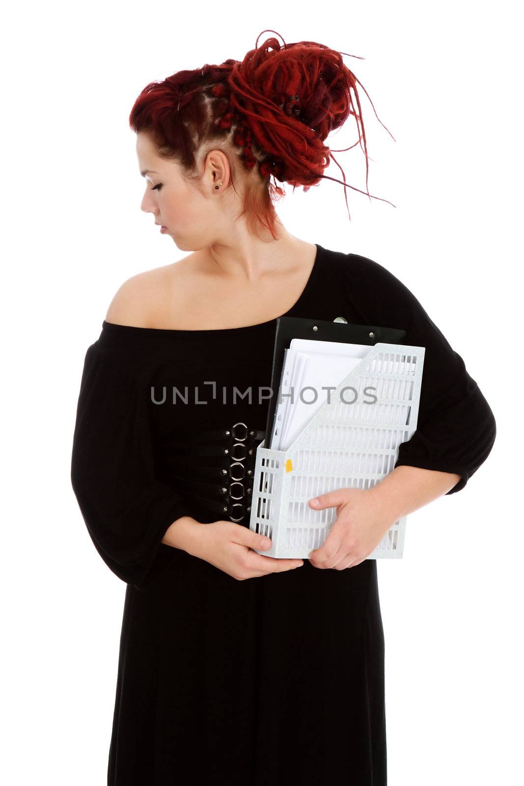 Modern red-haired accountant with folder of documents isolated on white background 