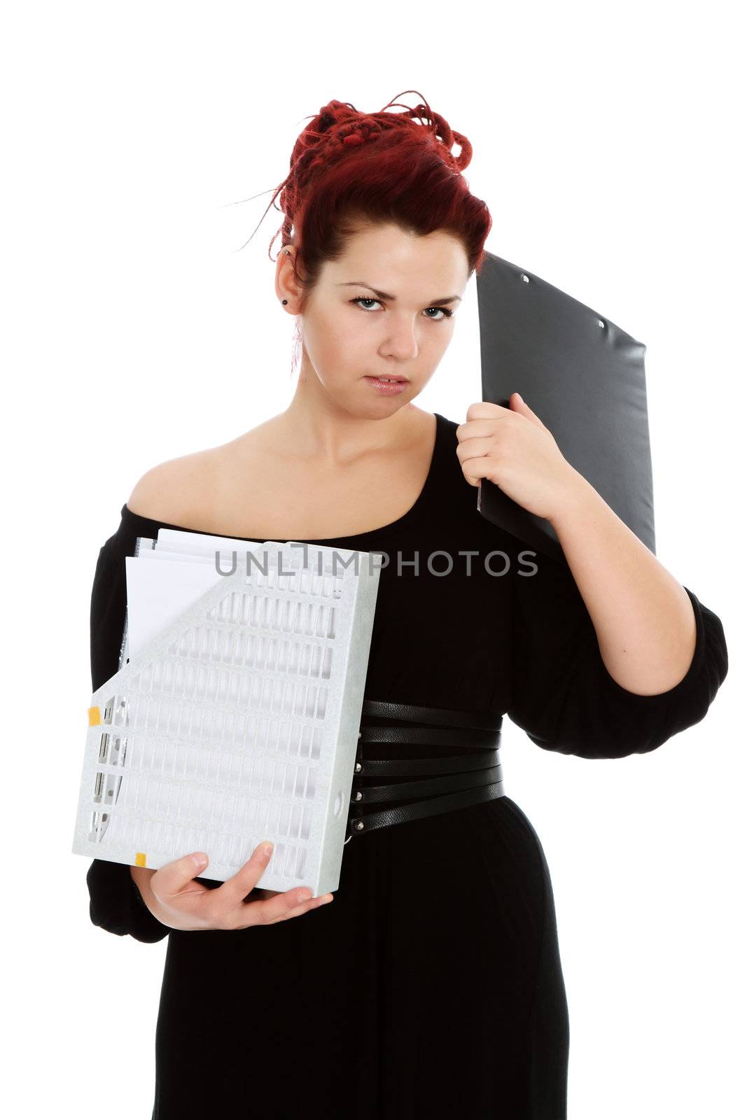 Modern red-haired accountant with folder of documents isolated on white background 