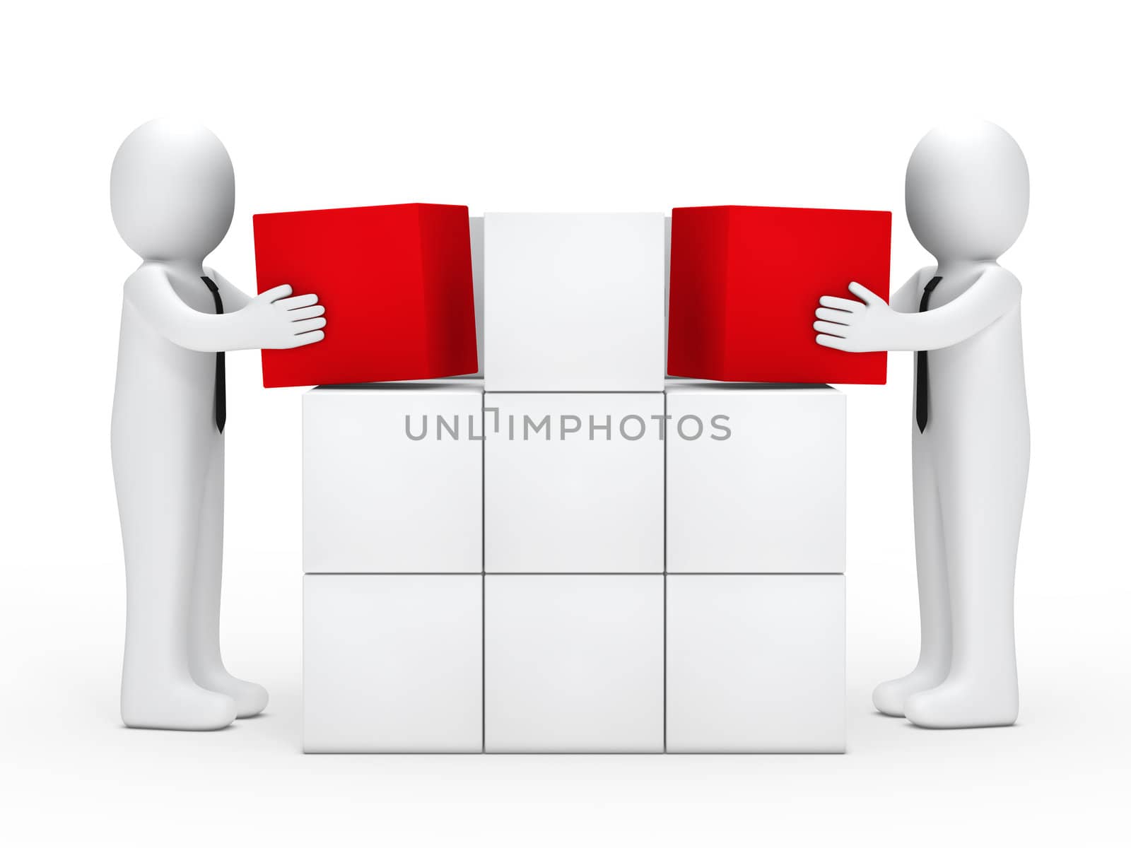 Two businessmen with tie stack red cubes