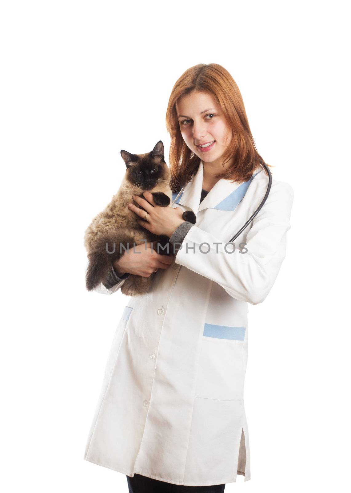 woman in medical uniform holding a cat on a white background isolated