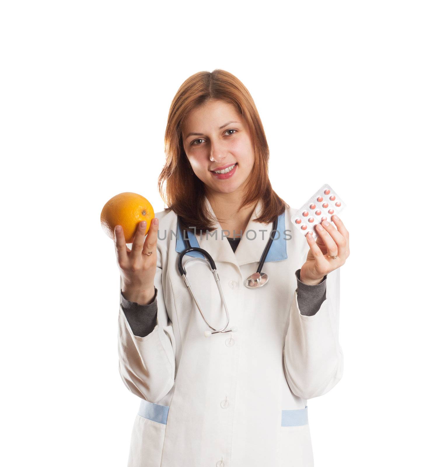 woman doctor in one hand holding an orange in the other tablets  by gurin_oleksandr