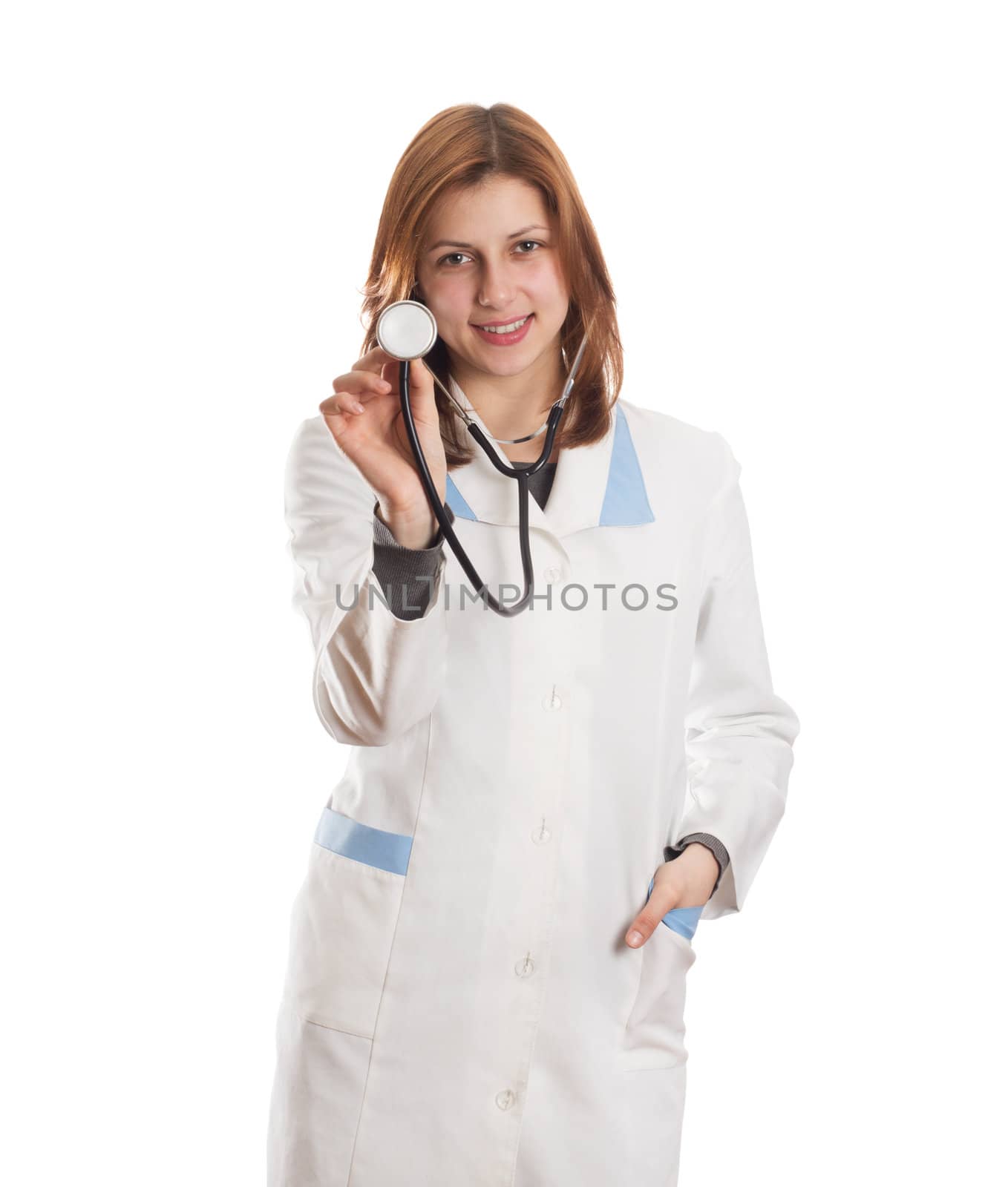 woman doctor with stethoscope isolated on white background