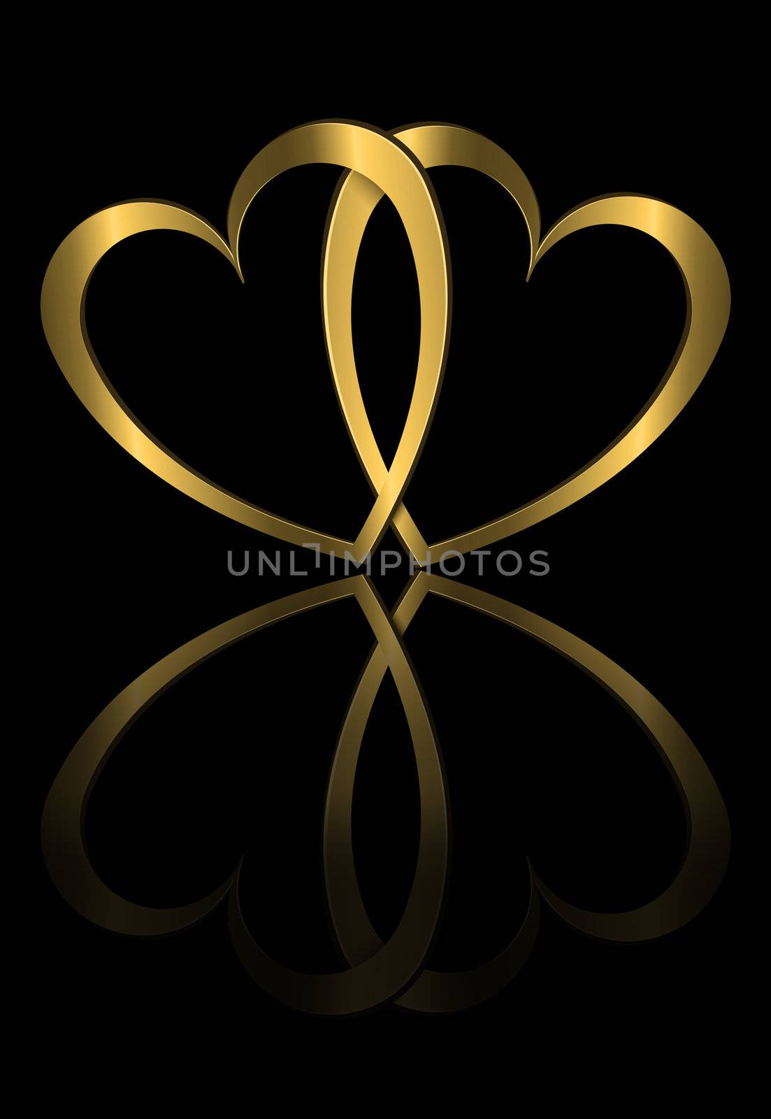 Illustration depicting two golden hearts arranged over black and reflecting into foreground.