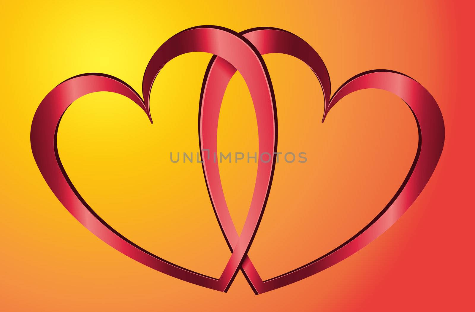 Illustration depicting two metallic red hearts arranged over warm yellow and red blur background.
