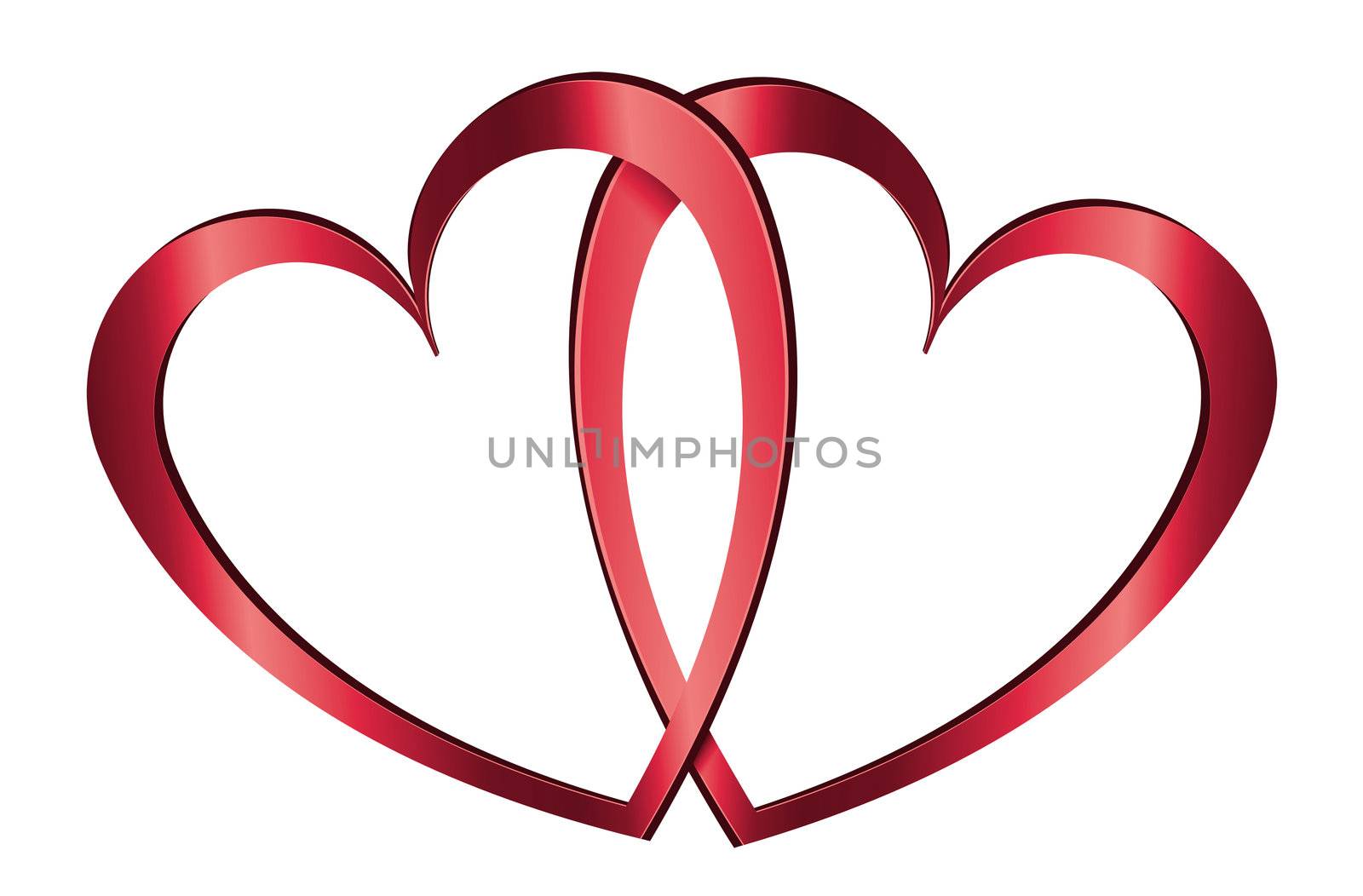 Illustration depicting two metallic red hearts arranged over white.