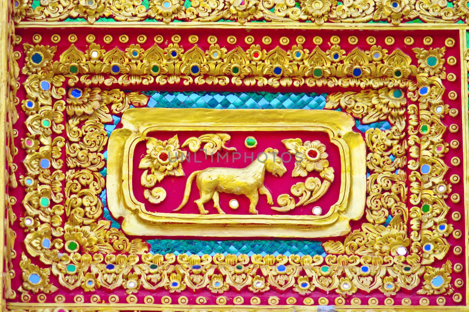 Native Thai style of tiger pattern on Buddhist temple