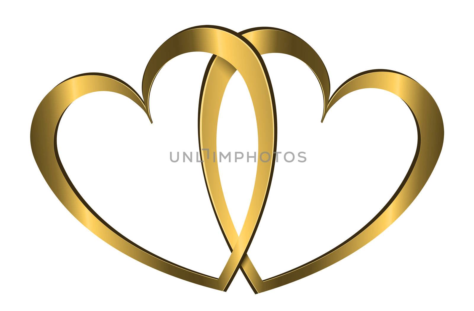 Illustration depicting two gold hearts arranged over white.