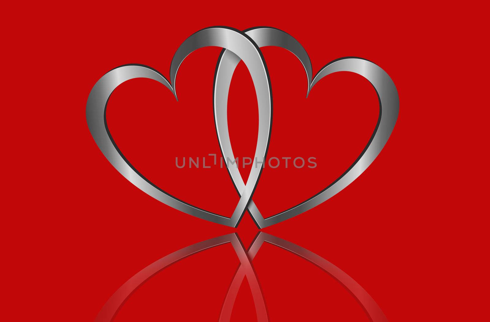 Illustration depicting two metallic hearts arranged over red.