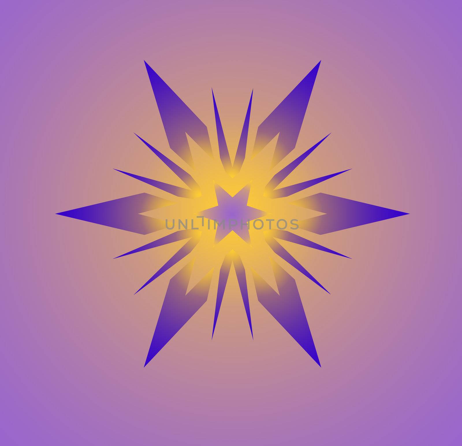 An abstract illustrated star shaped pattern done in gradients of gold to purple to give a glowing center.