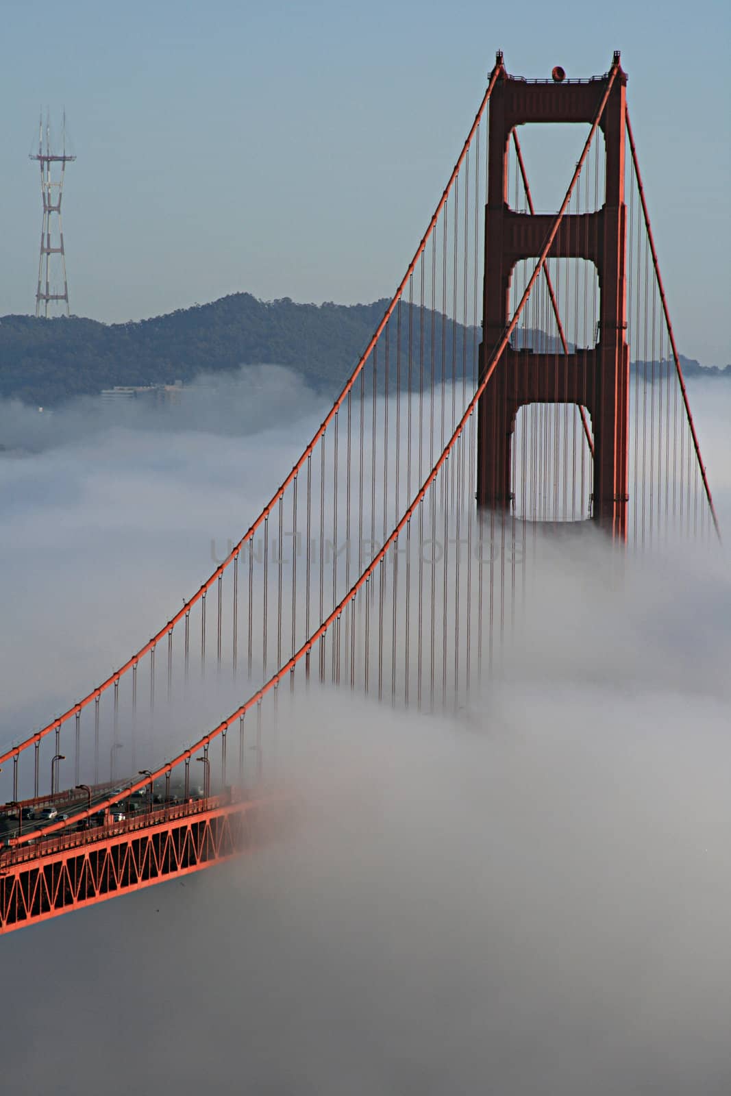 The iconic Golden Gate Bridge in San Francisco, California. Viewed from the Marin Headlands with the city of San Francisco in the background.