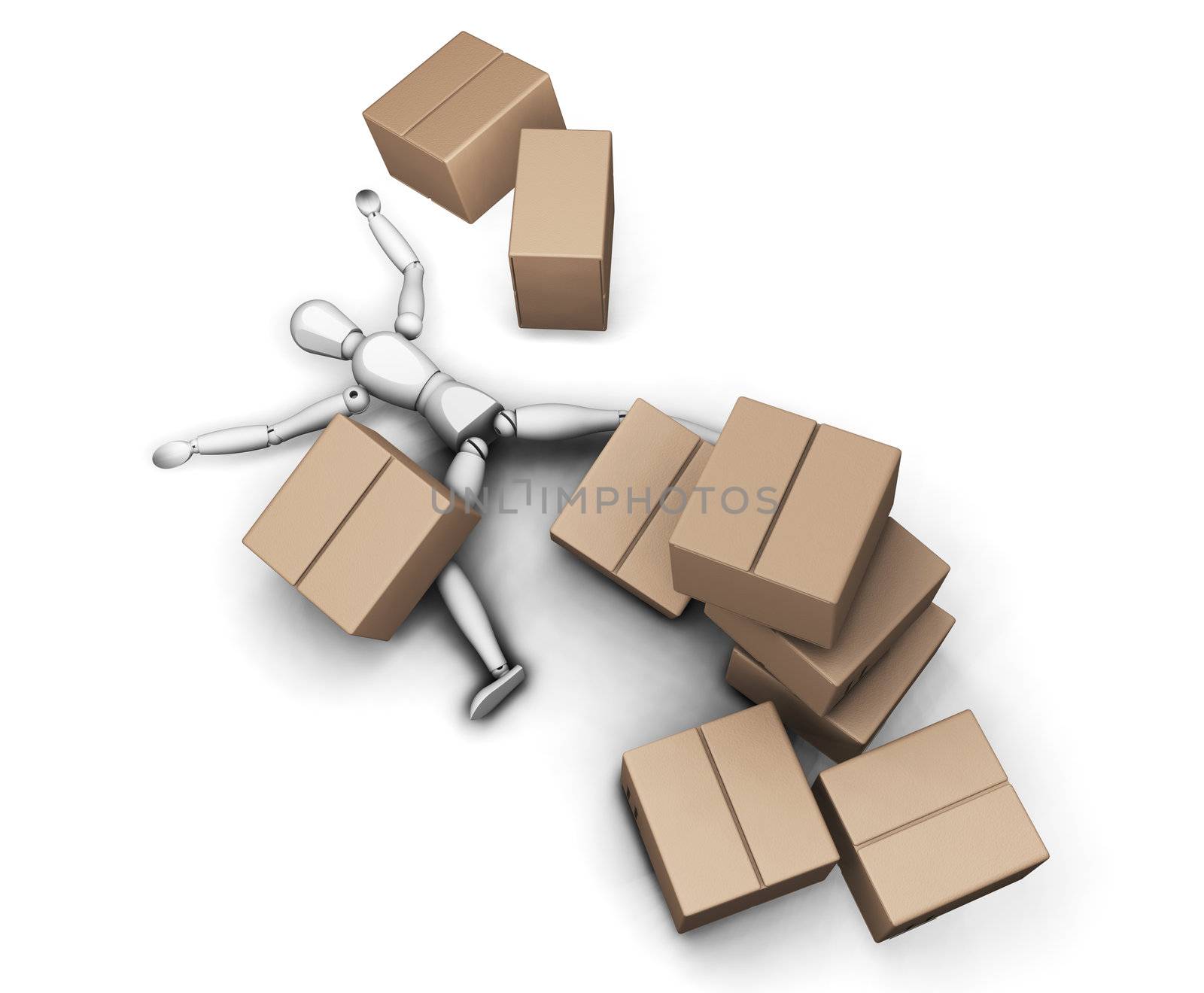 3D render of someone flattened by a stack of boxes