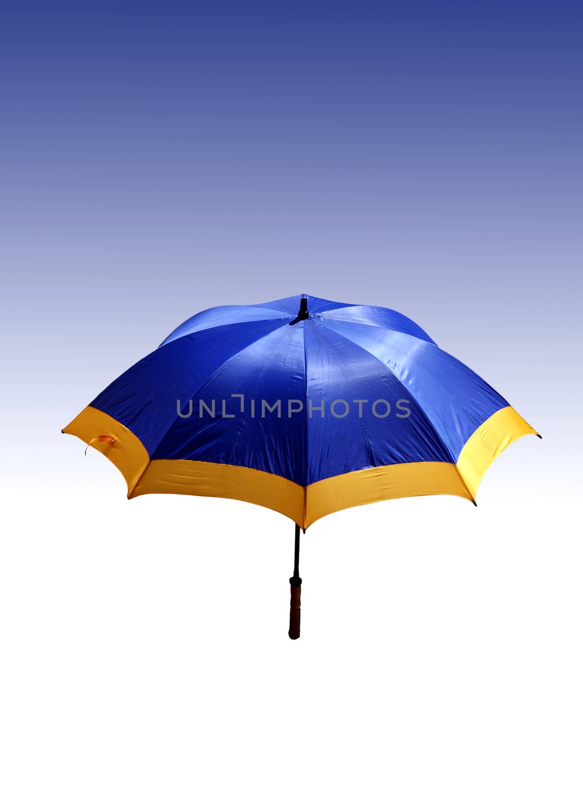 Blue beach umbrella on blue background
