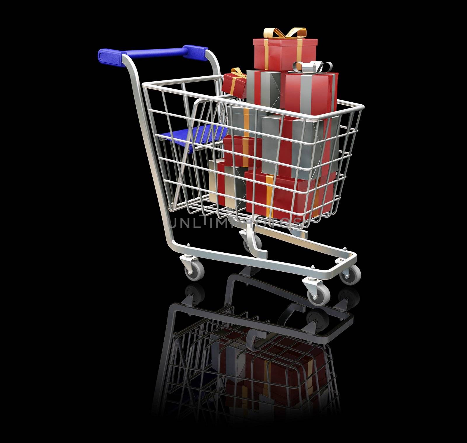 3D render of a shopping trolley full of Christmas presents