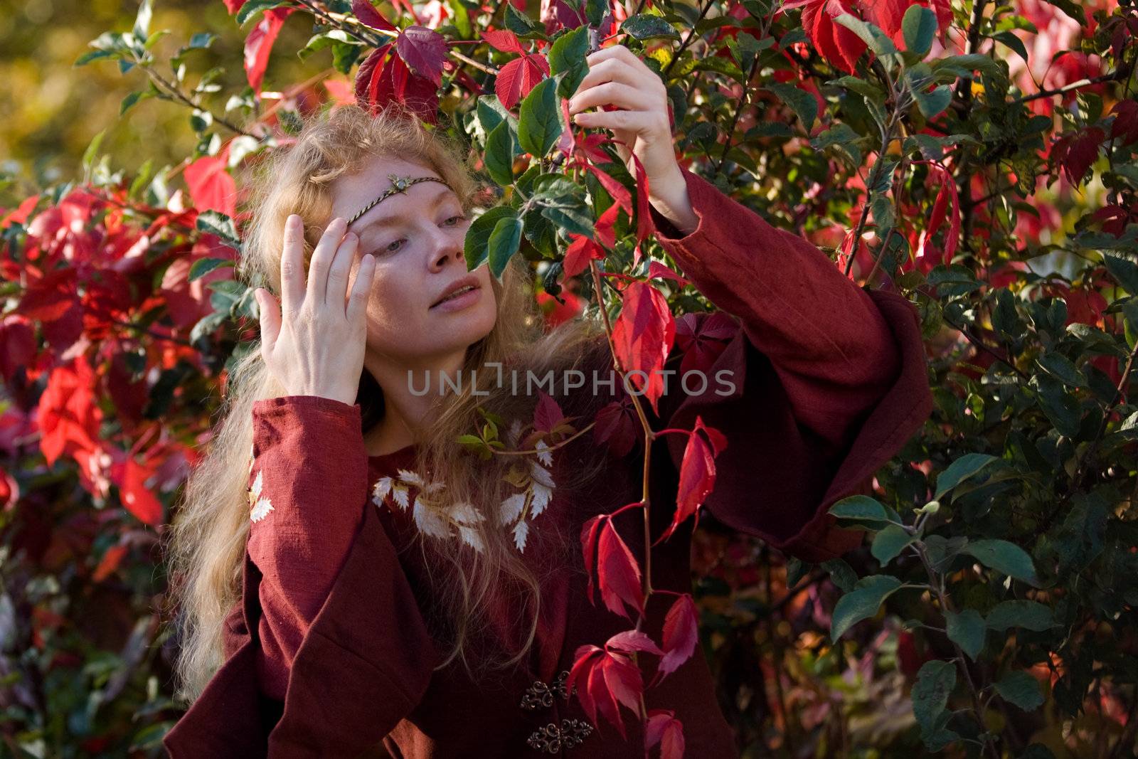 The blonde girle in medieval red dress in the autumn forest
