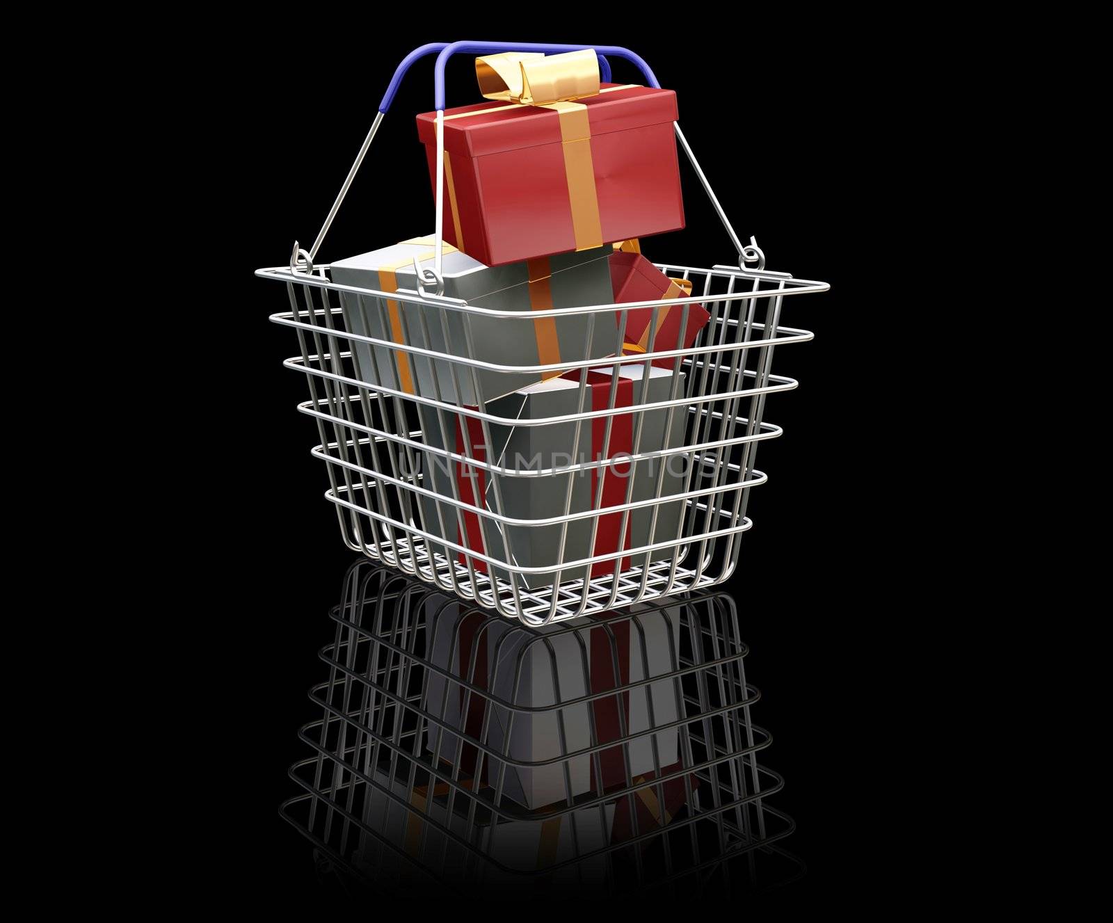 3D render of a shopping basket full of Christmas presents