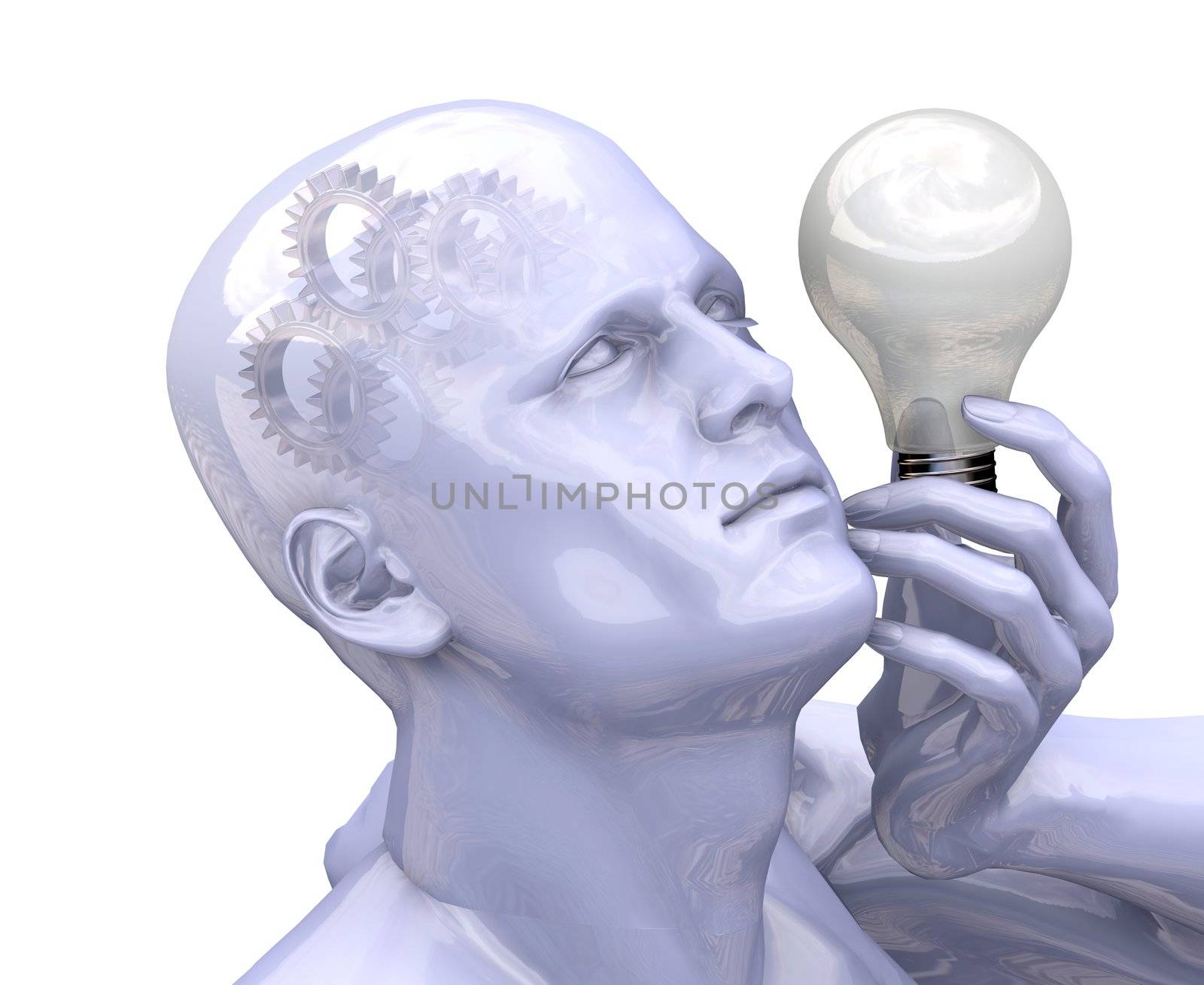 3D render of a man with a lightbulb and gears working in his head