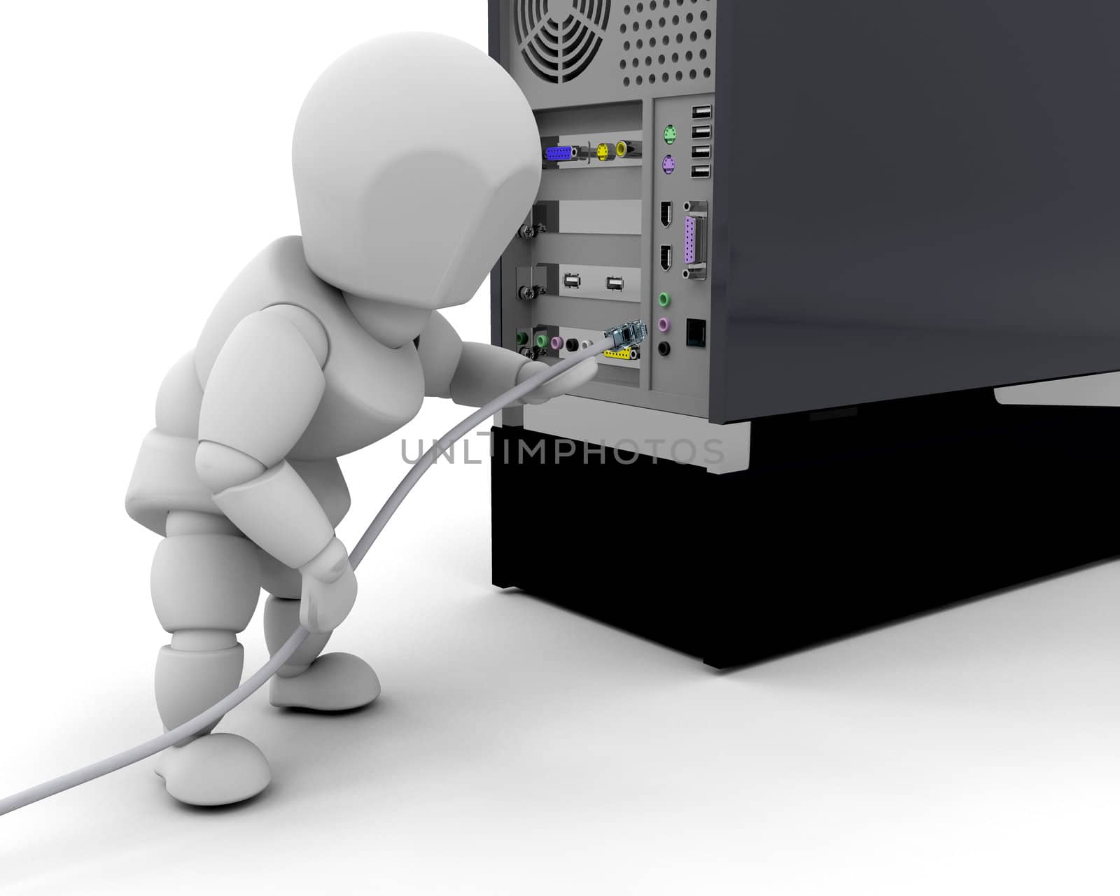 3D render of someone plugging in a cable in a computer
