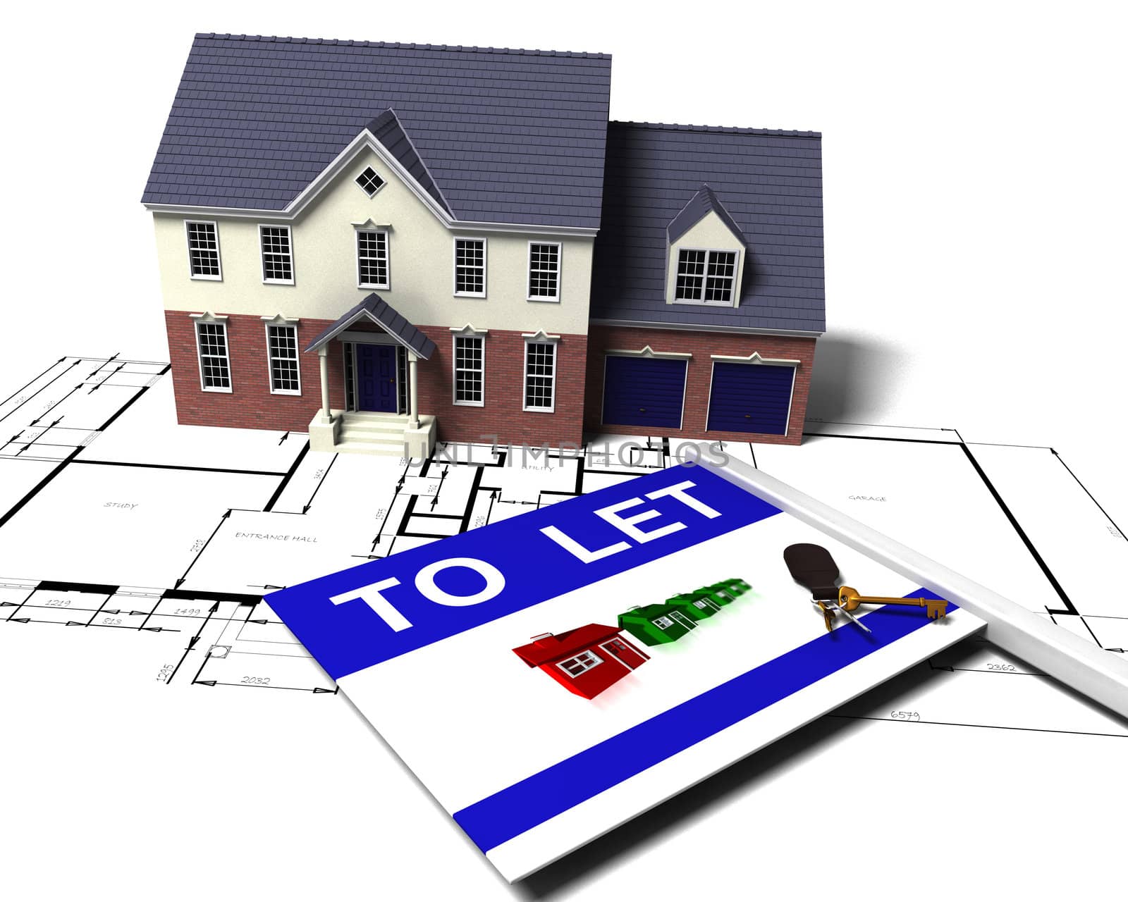 3D render of a house on blueprints with to let sign and bunch of keys