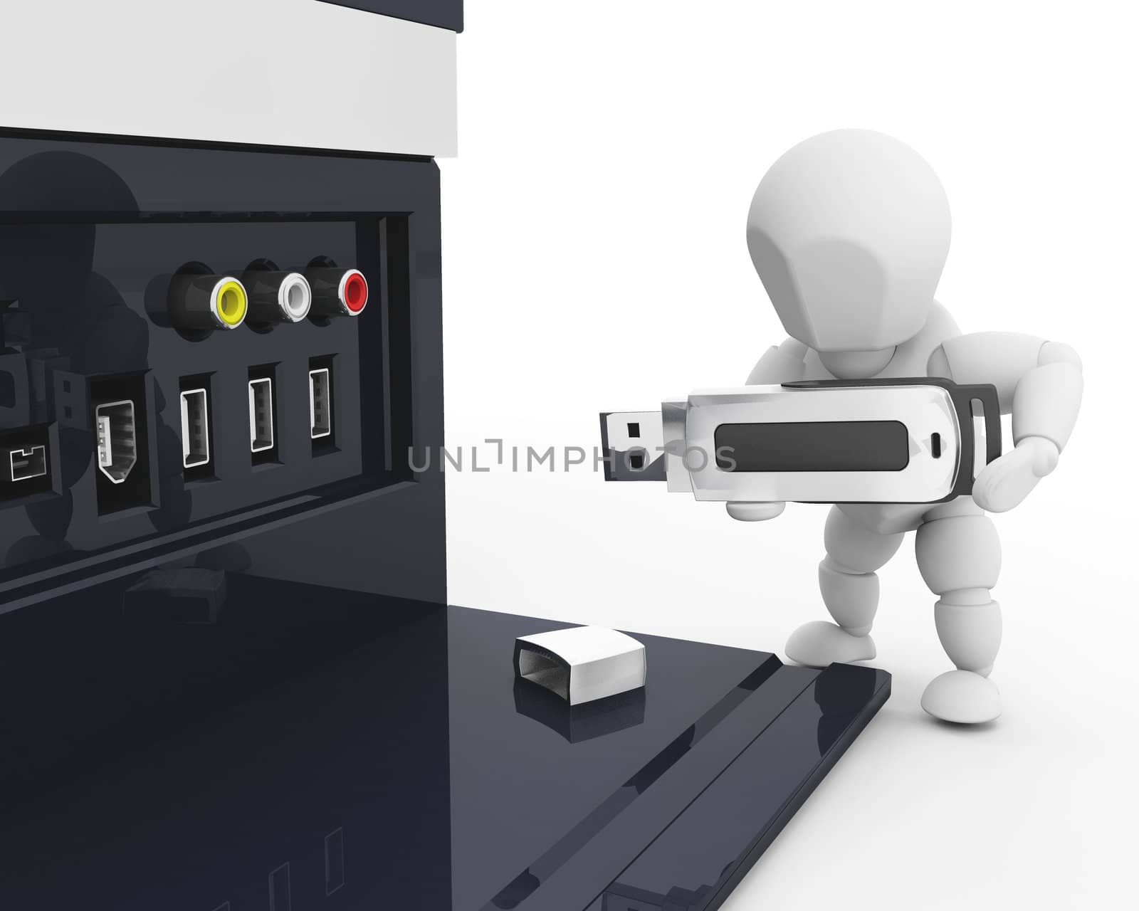 3D render of someone plugging in a USB pen in a computer
