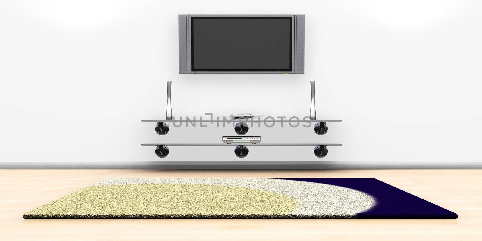 3D render of a tv screen on a wall in a modern lounge