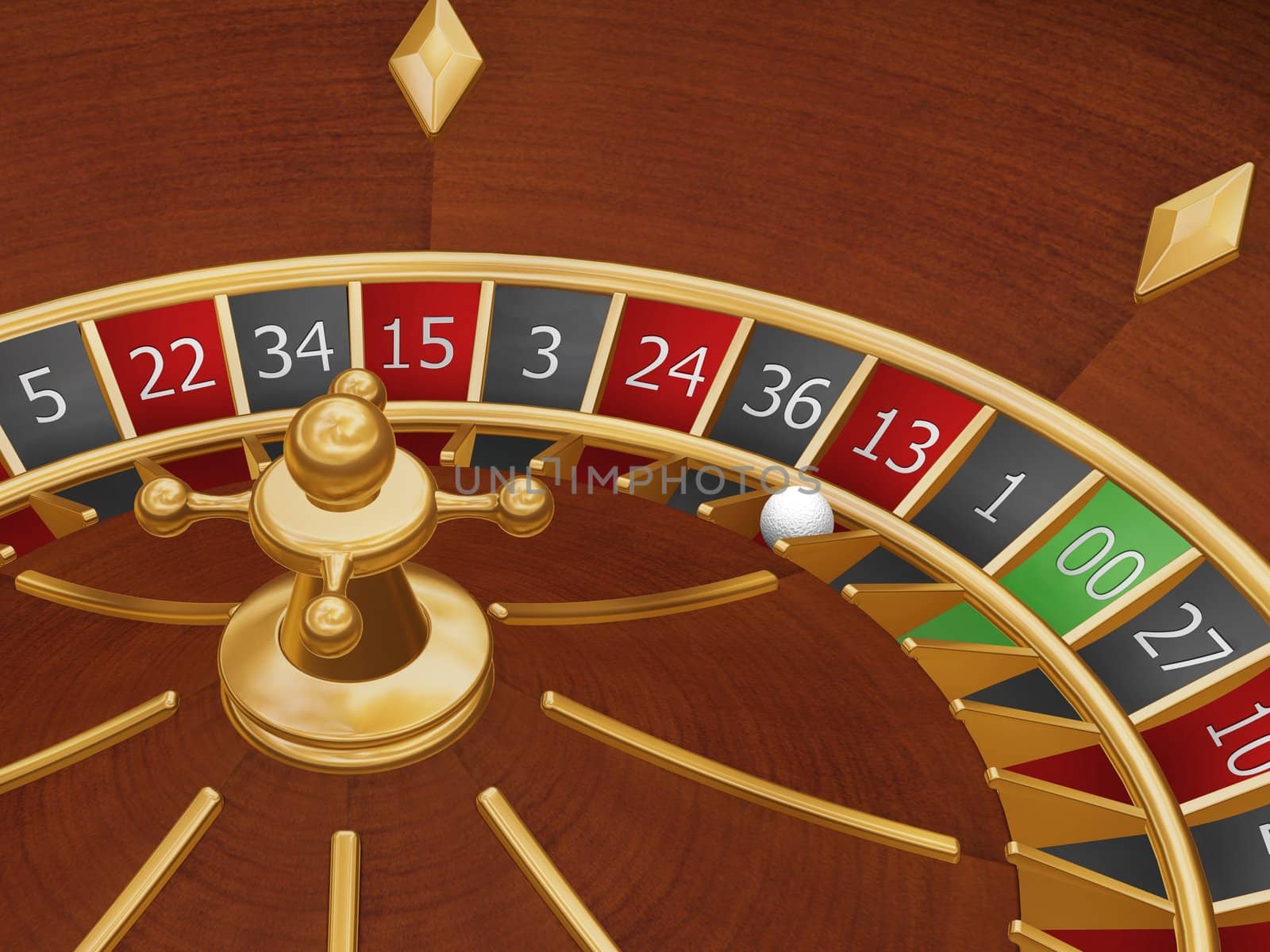 Roulette wheel with the ball on number thirteen