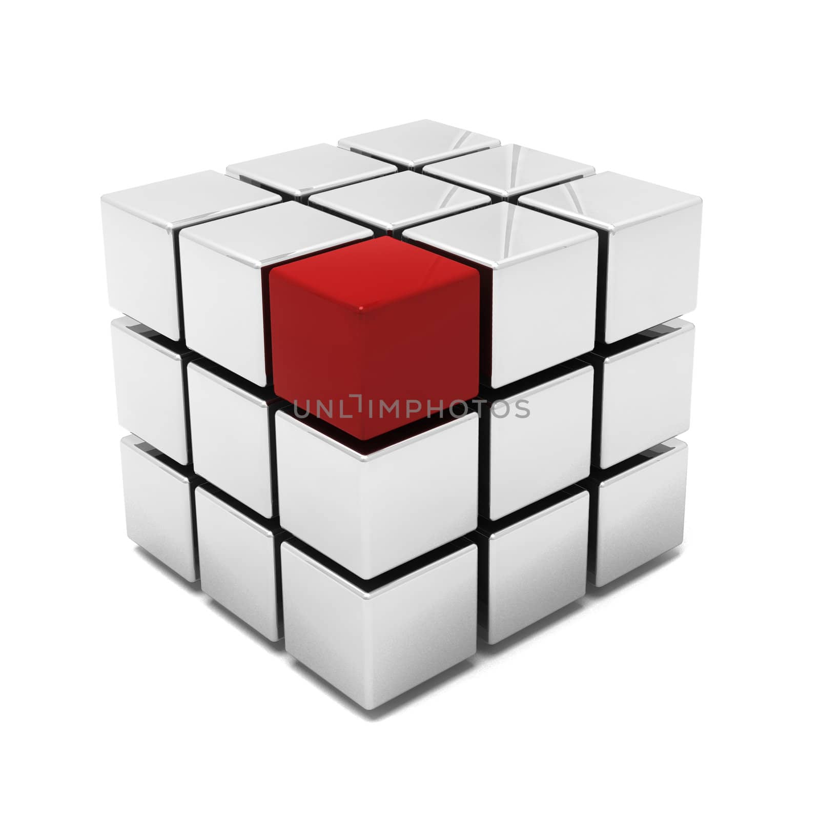 3D render of a cube with one red block 