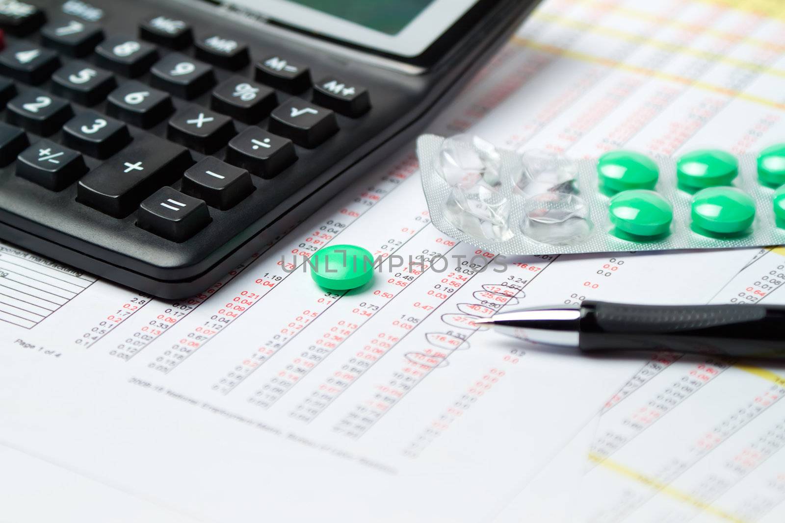 Calculator,  pen with  pills on financial data.
