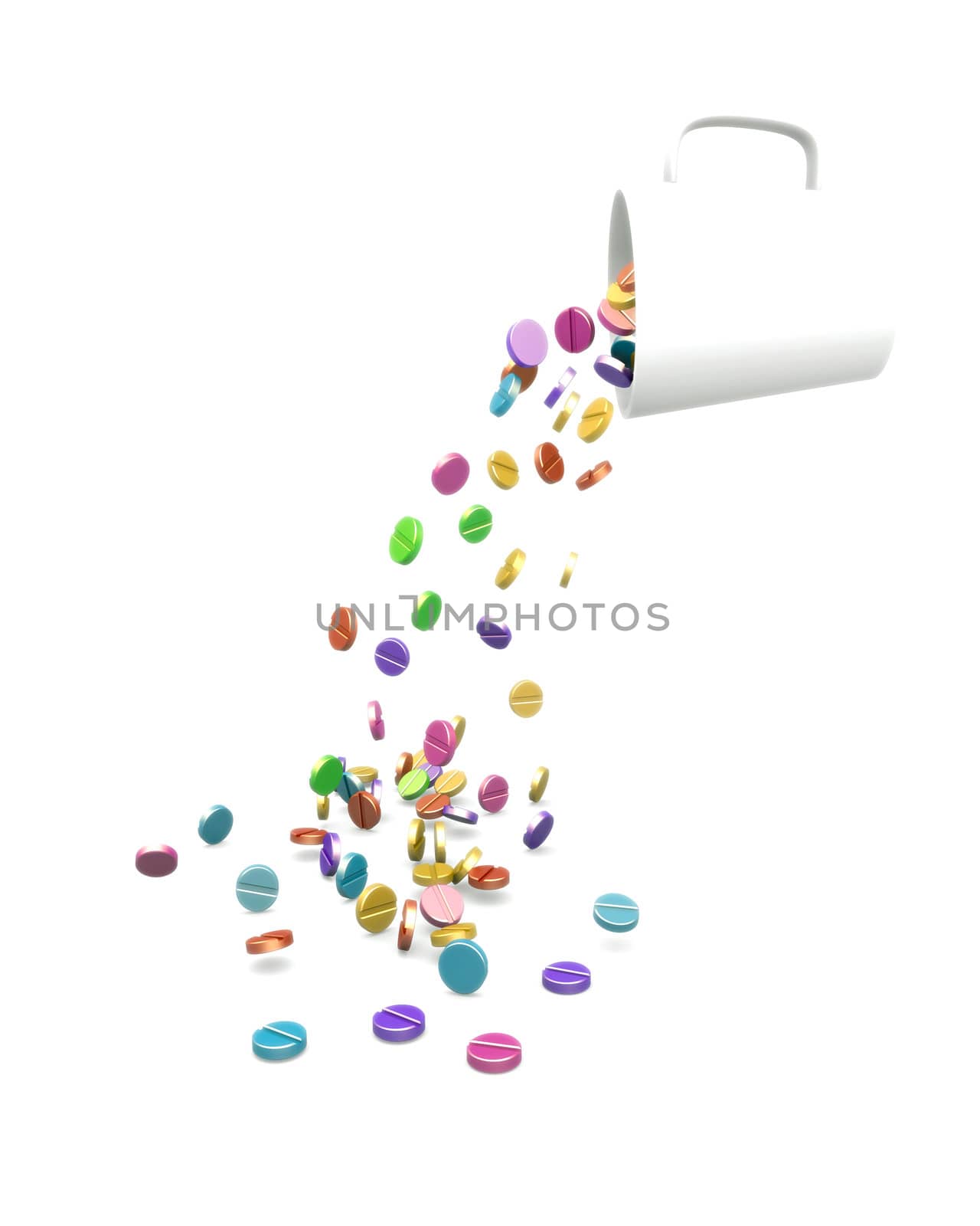 Multicolored Pills fall from cup