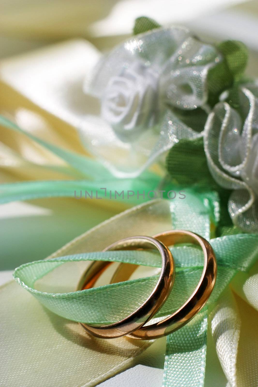 Wedding rings on a blue satiny fabric