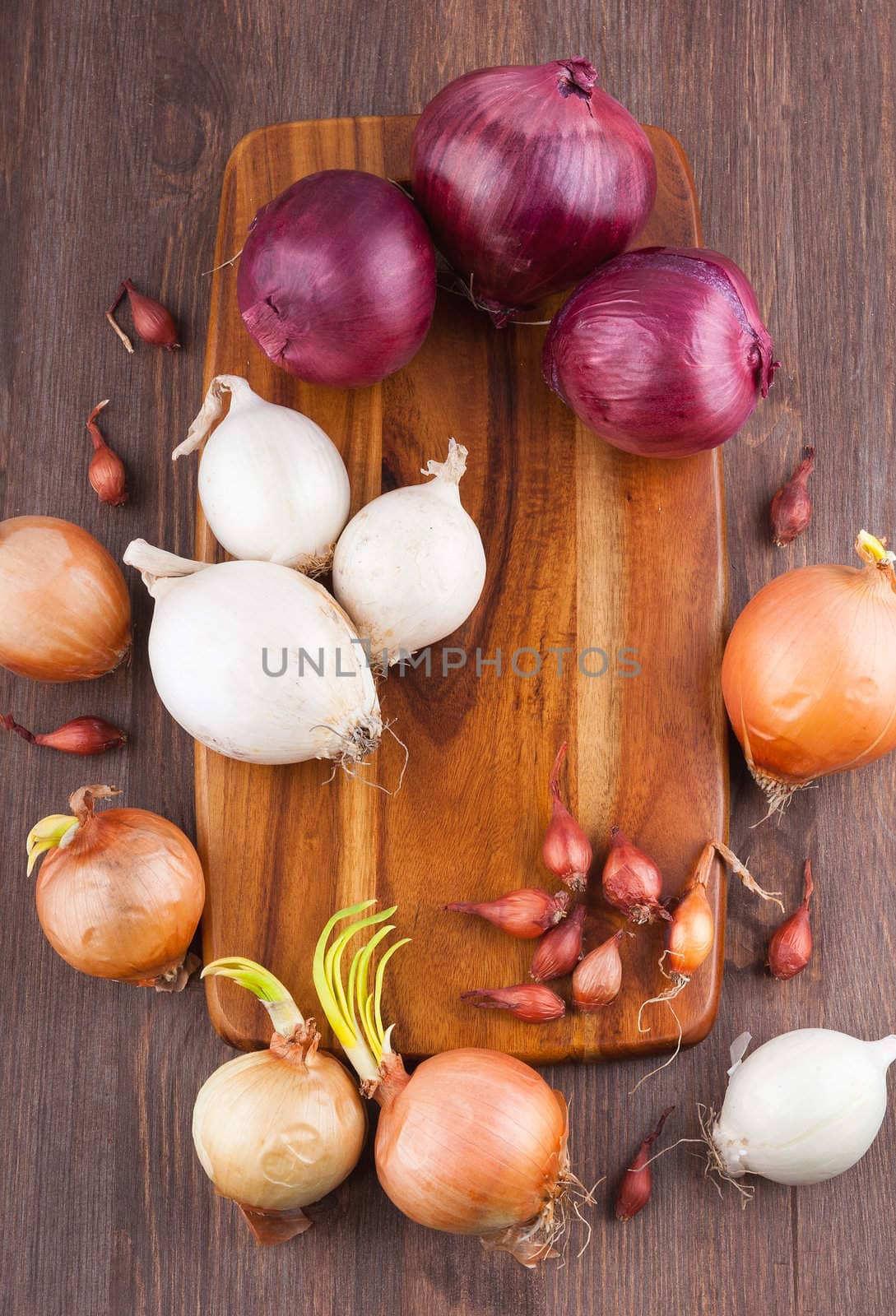 Different varieties of onions on a kitchen board and wooden surface