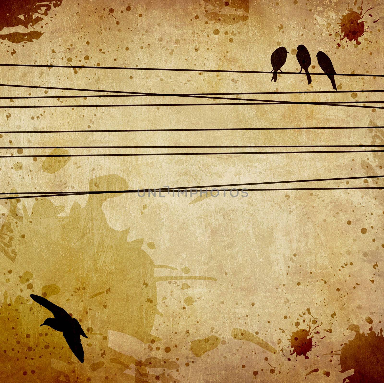 High contrast cables and birds in vintage background. 