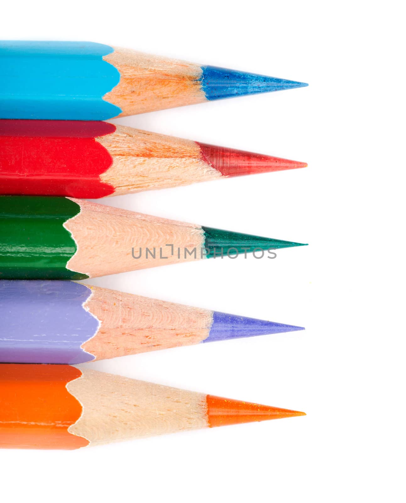 Five colored pencil line on white background