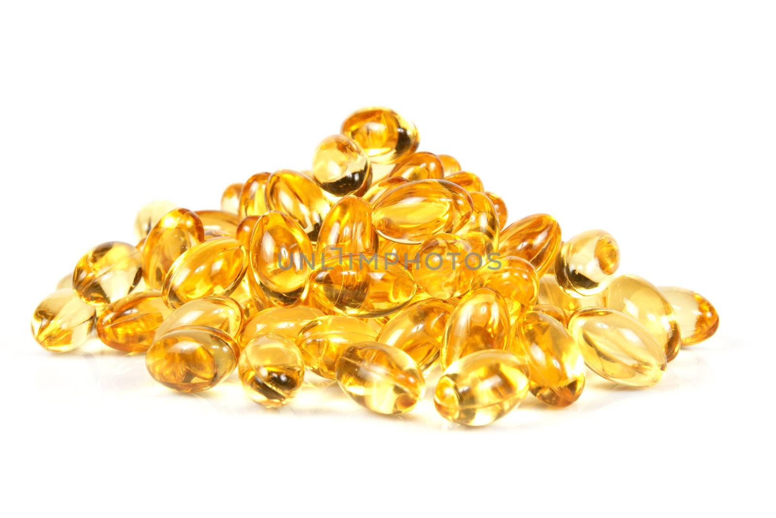 Close up of fish oil gel capsules.