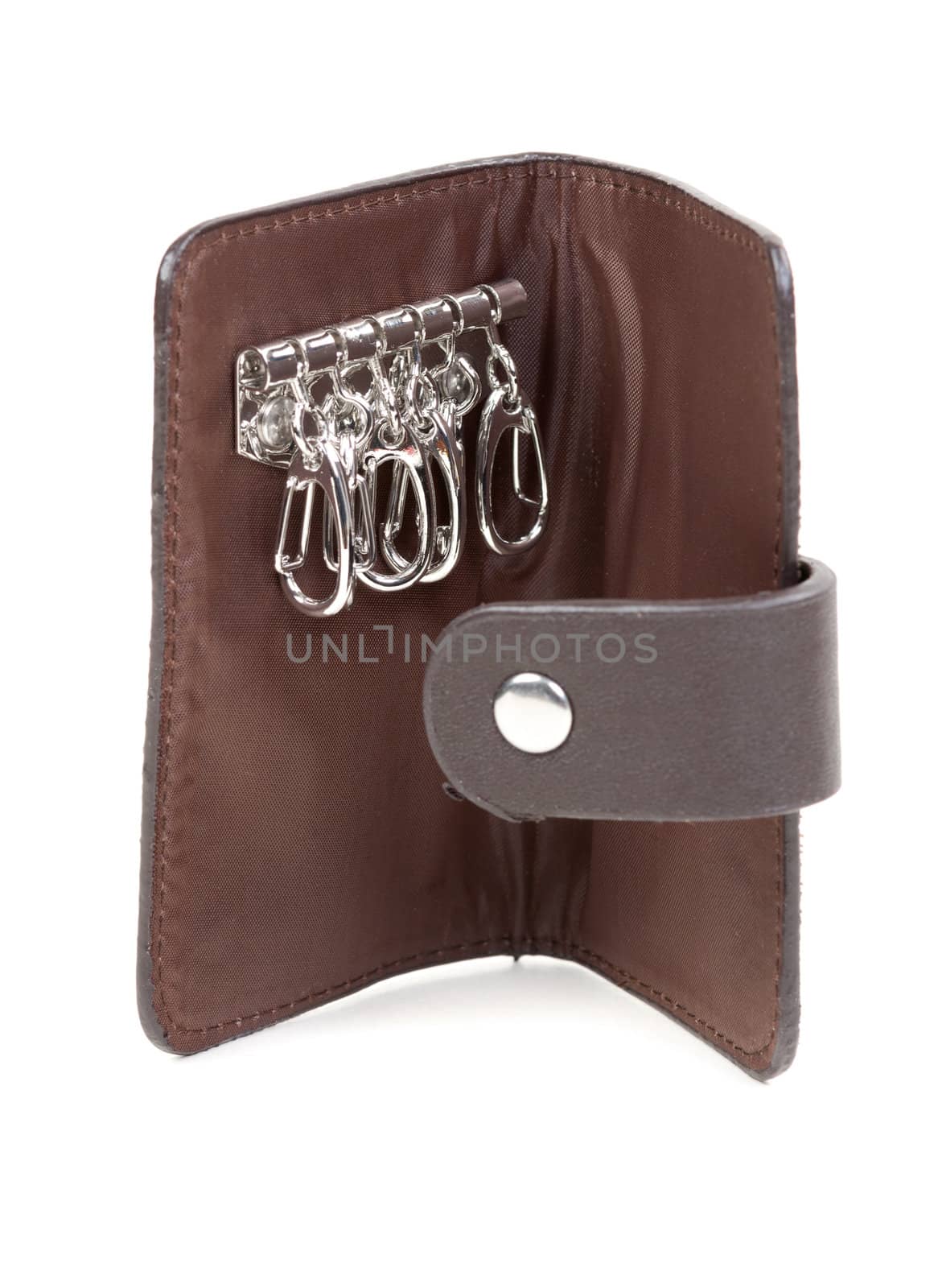 Open empty brown purse for keys. Isolate on white.