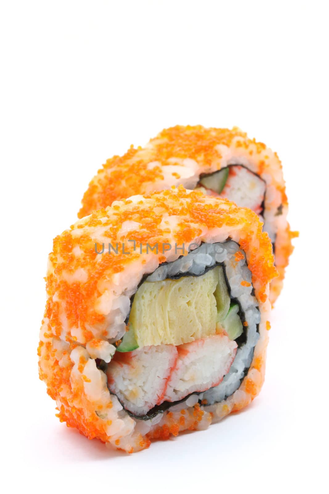 Maki Sushi on white background (selective focus on front piece)