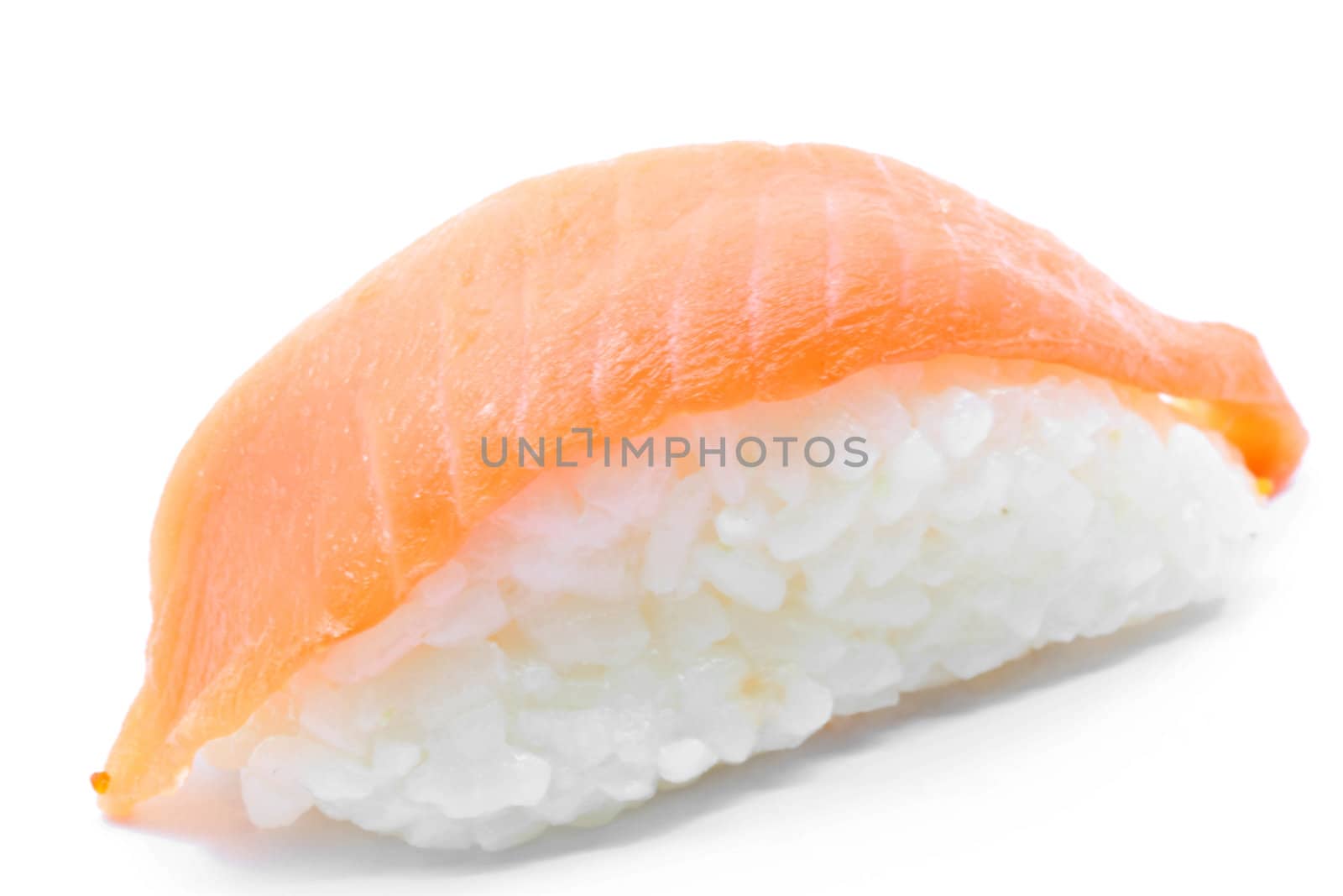 macro shot of shake Salmon suhsi nikiri on white background