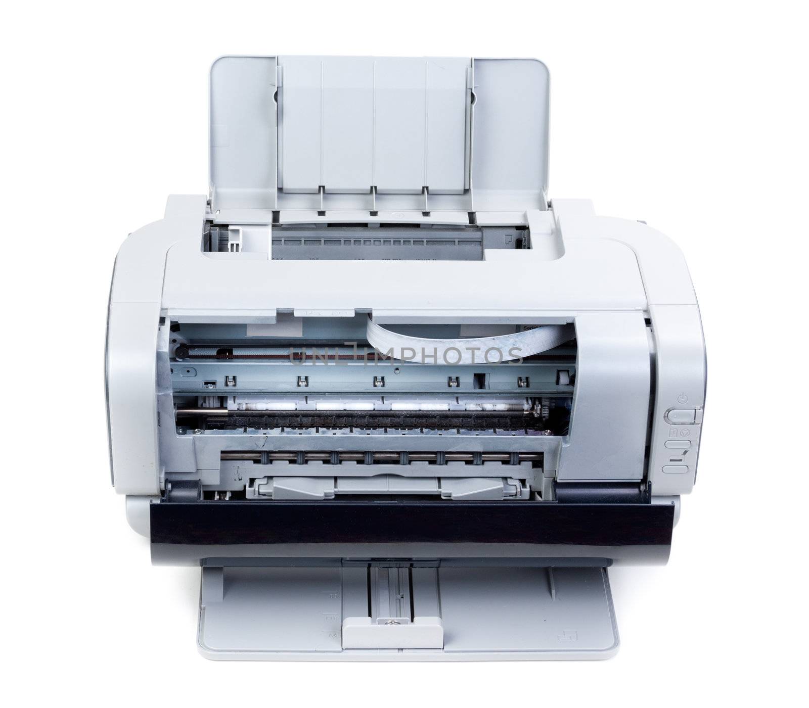 Open color inkjet printer isolated on white background