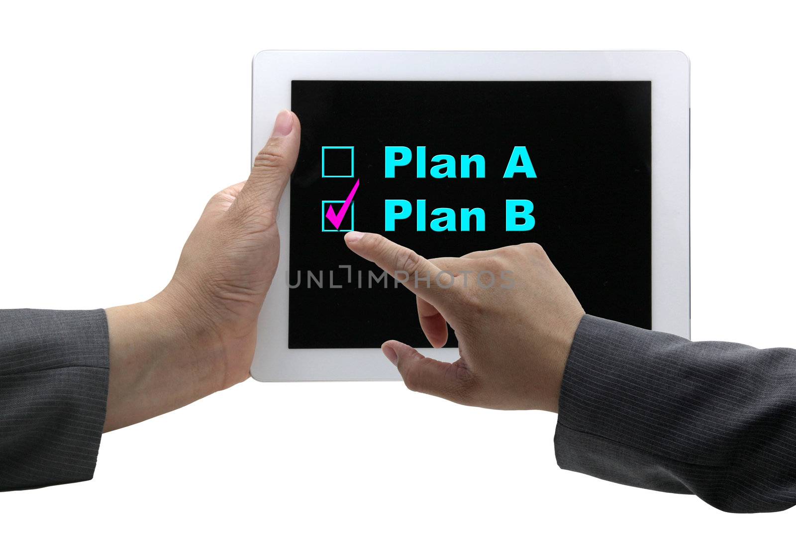 asian Businessman hand choosing plan B option on touch screen tablet