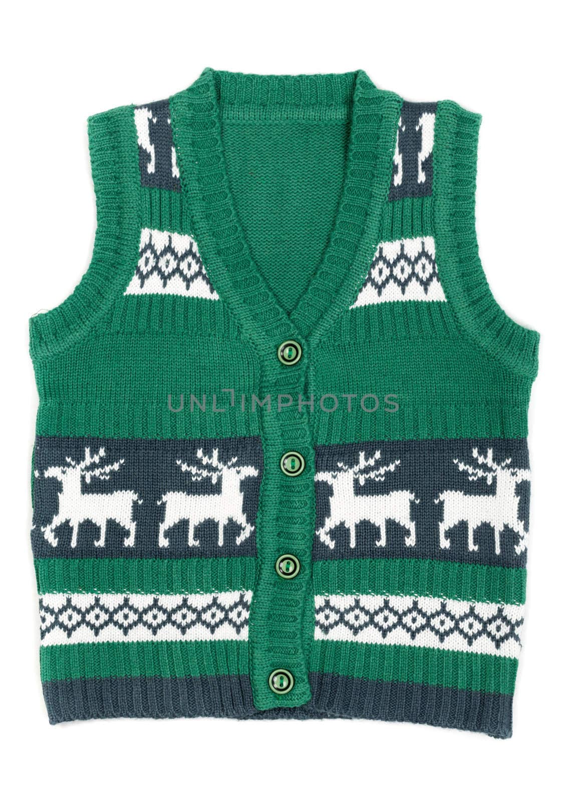 knitted vest with a Christmas ornament (with deer). Isolate on white background.