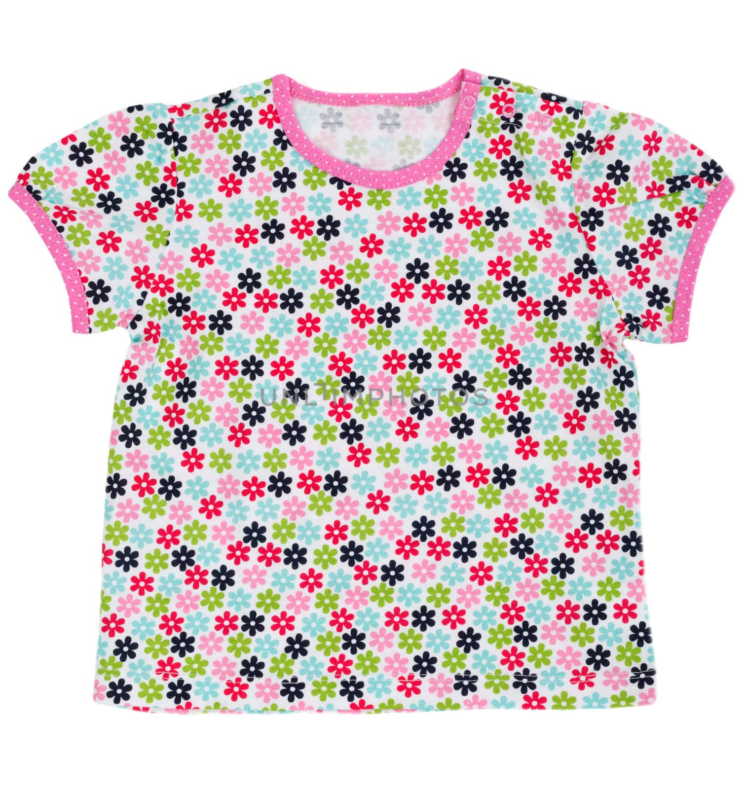 Children's T-shirt with a colored floral pattern. Isolate on white.