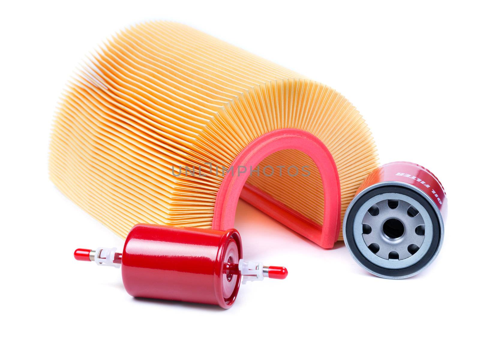 Filter kit car, fuel, oil, air. Isolate on white.