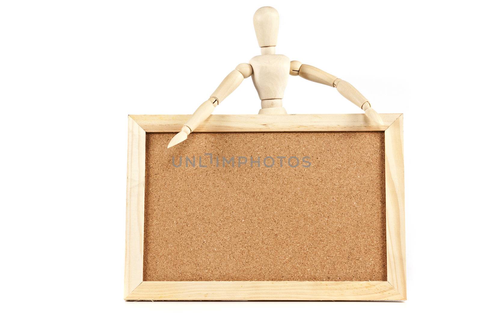 Mannequin and blank corkboard message on white background